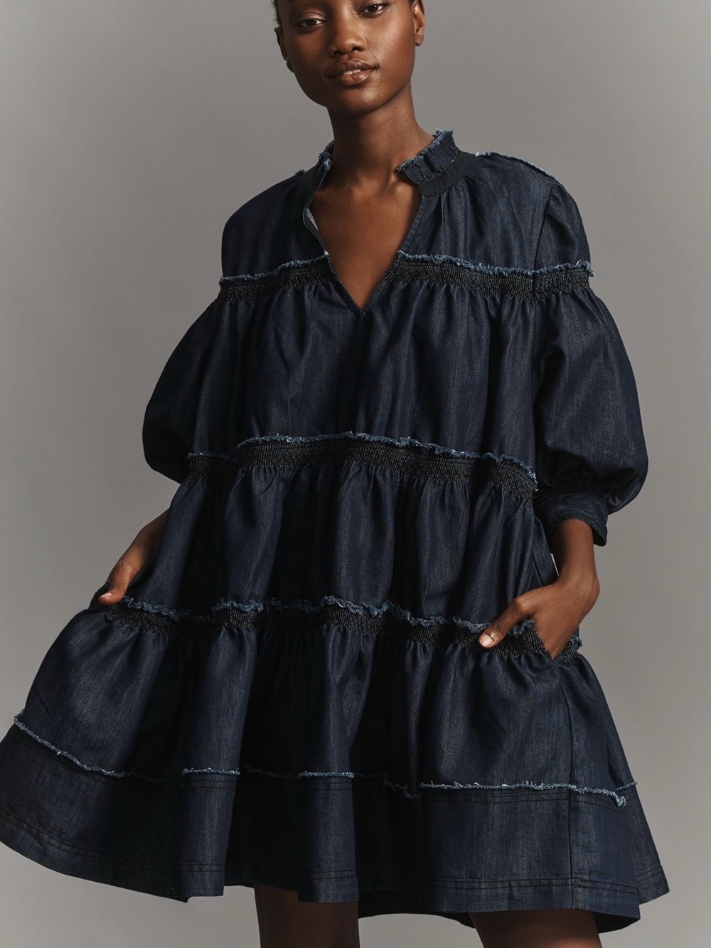 Pilcro Tiered Denim Swing Smock Dress Small Navy Jean - Picture 2 of 16